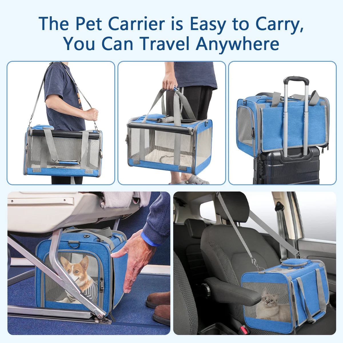 Cat Carriers for Medium Cats under 25 Lbs, Pet Carrier for Cats Dog with Top Bag/Fodable Bowl/Washable Pad, Soft-Sided Escape Proof with 4 Ventilated Windows, Blue