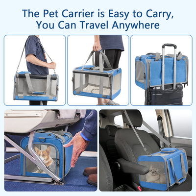 Cat Carriers for Medium Cats under 25 Lbs, Pet Carrier for Cats Dog with Top Bag/Fodable Bowl/Washable Pad, Soft-Sided Escape Proof with 4 Ventilated Windows, Blue