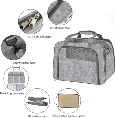 Small Cat Dog Carrier Airline Approved Pet Carrier, Soft-Sided Pet Travel Carrier with Fleece Pad for Cats Puppy Small Animals (Grey)