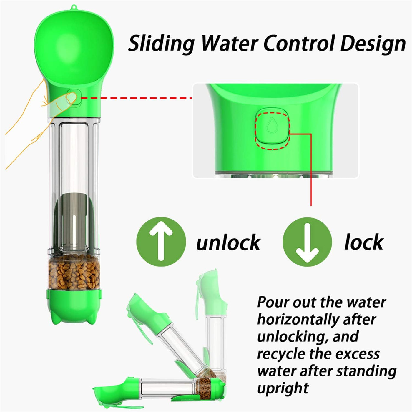 Dog Water Bottle, 4 in 1 Multifunctional Dog Travel Water Bottle with Food Box, Shovel, Garbage Bag, 500Ml (Green-Dog Water Bottle-500Ml)