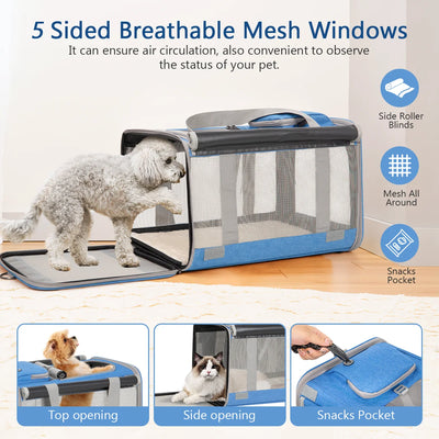 Cat Carriers for Medium Cats under 25 Lbs, Pet Carrier for Cats Dog with Top Bag/Fodable Bowl/Washable Pad, Soft-Sided Escape Proof with 4 Ventilated Windows, Blue