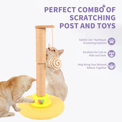 Cat Post, 19.3 Inch Tall Cat Scratching Post for Indoor Cats, Cat Scratcher Post with Dangling Ball and Bell Ball