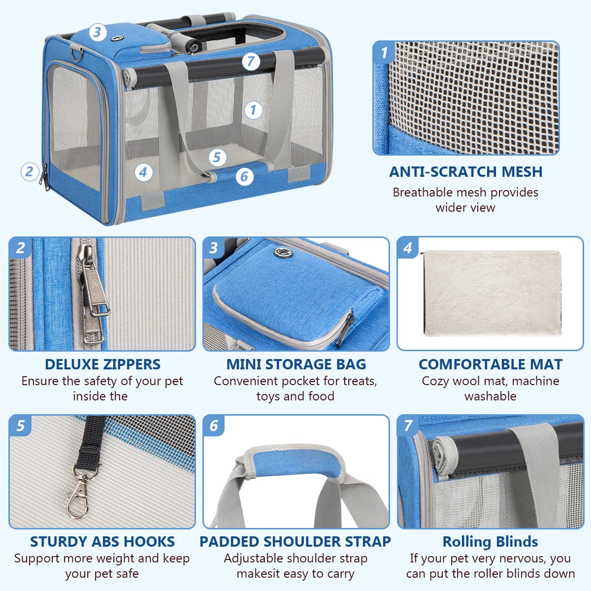 Cat Carriers for Medium Cats under 25 Lbs, Pet Carrier for Cats Dog with Top Bag/Fodable Bowl/Washable Pad, Soft-Sided Escape Proof with 4 Ventilated Windows, Blue