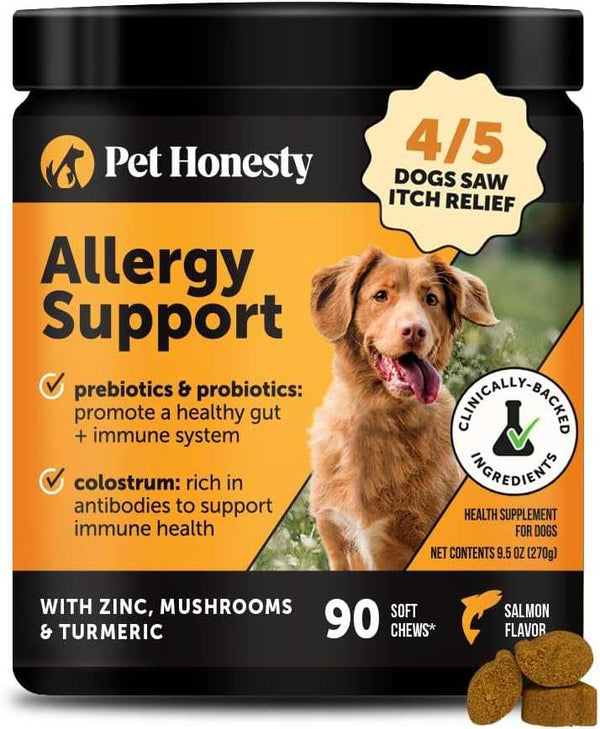 Pet Honesty Dog Allergy & Itch Relief soft salmon-flavored chews for immune support and skin relief in dogs, 90 count