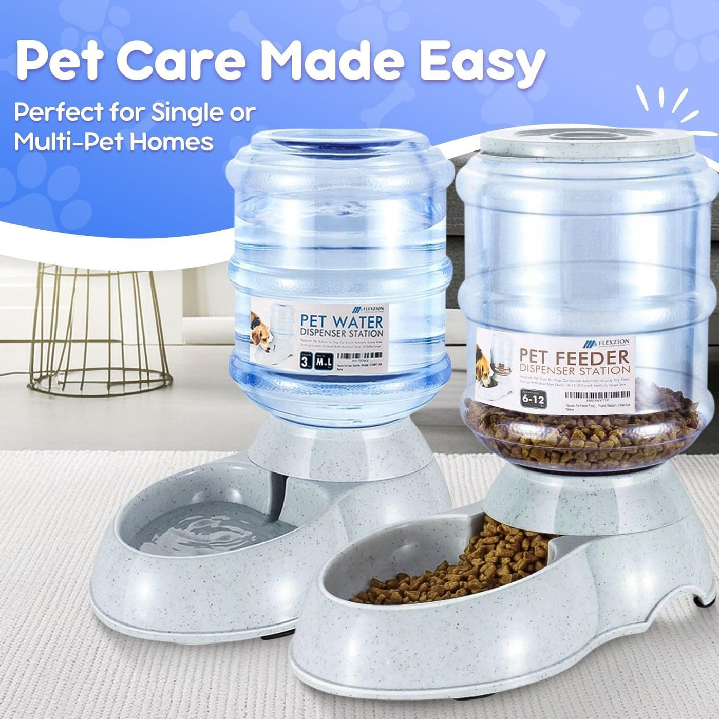 Automatic Pet Feeder & Waterer Set of 2 Pack, Self Feeding Replenish Dog Cat Bowls, Gravity Food & Water Storage Container Fountain Jug Pet Supplies Plastic Skid Proof Rubber Feet (3 Gallon)