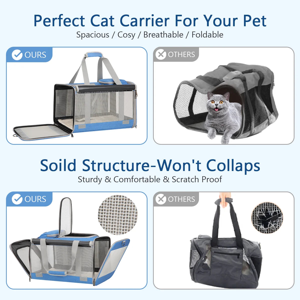 Cat Carriers for Medium Cats under 25 Lbs, Pet Carrier for Cats Dog with Top Bag/Fodable Bowl/Washable Pad, Soft-Sided Escape Proof with 4 Ventilated Windows, Blue