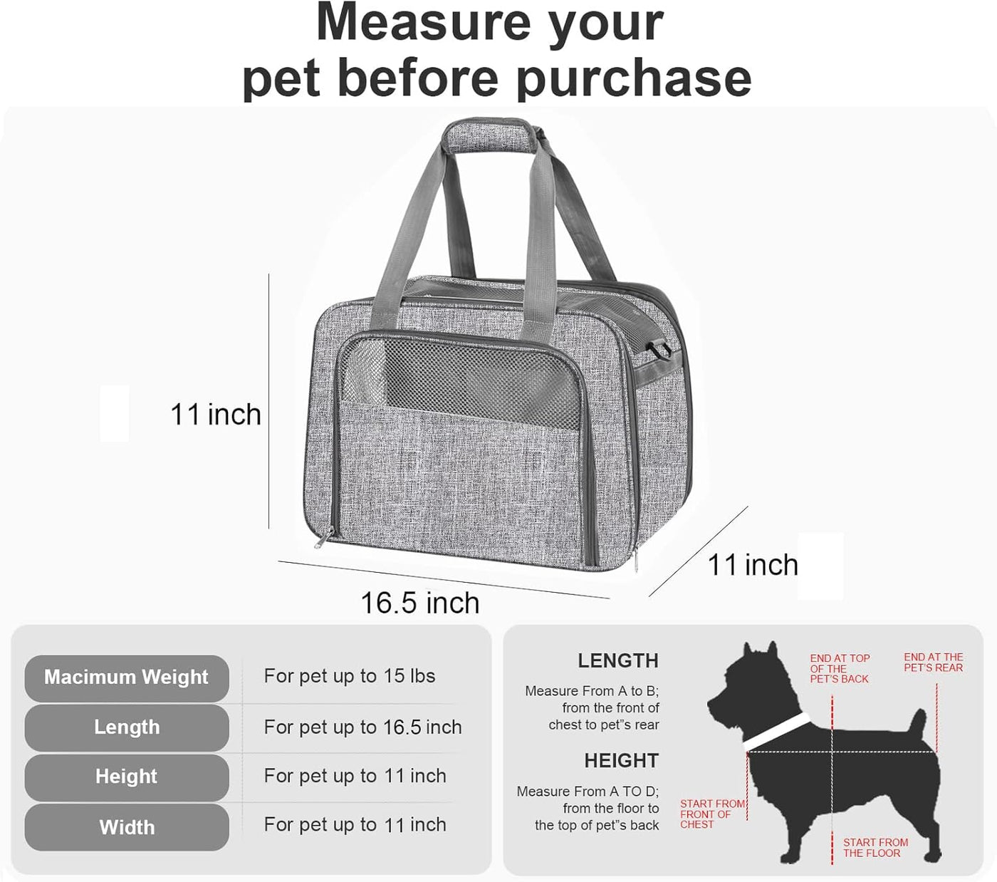 Small Cat Dog Carrier Airline Approved Pet Carrier, Soft-Sided Pet Travel Carrier with Fleece Pad for Cats Puppy Small Animals (Grey)