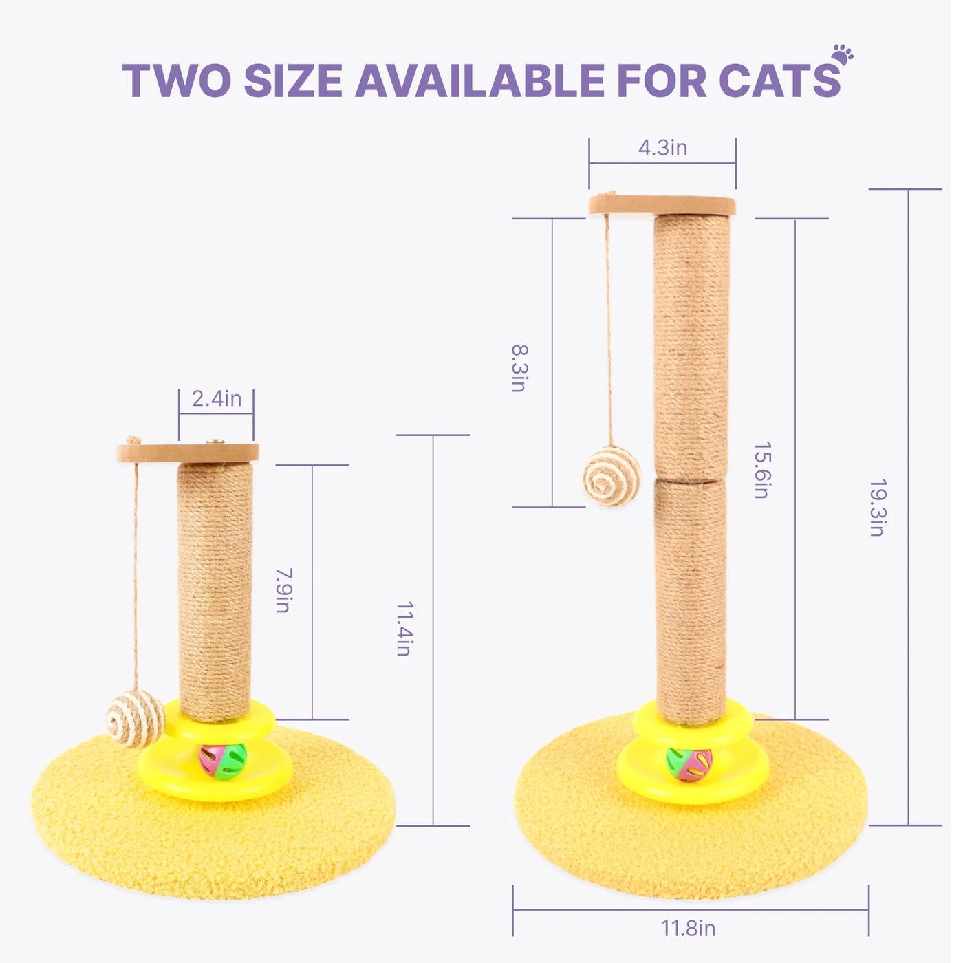 Cat Post, 19.3 Inch Tall Cat Scratching Post for Indoor Cats, Cat Scratcher Post with Dangling Ball and Bell Ball