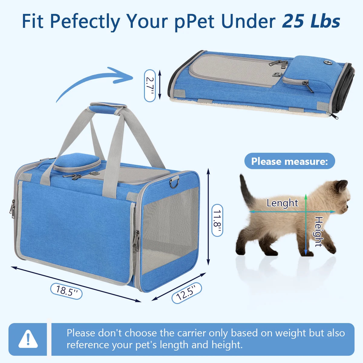 Cat Carriers for Medium Cats under 25 Lbs, Pet Carrier for Cats Dog with Top Bag/Fodable Bowl/Washable Pad, Soft-Sided Escape Proof with 4 Ventilated Windows, Blue