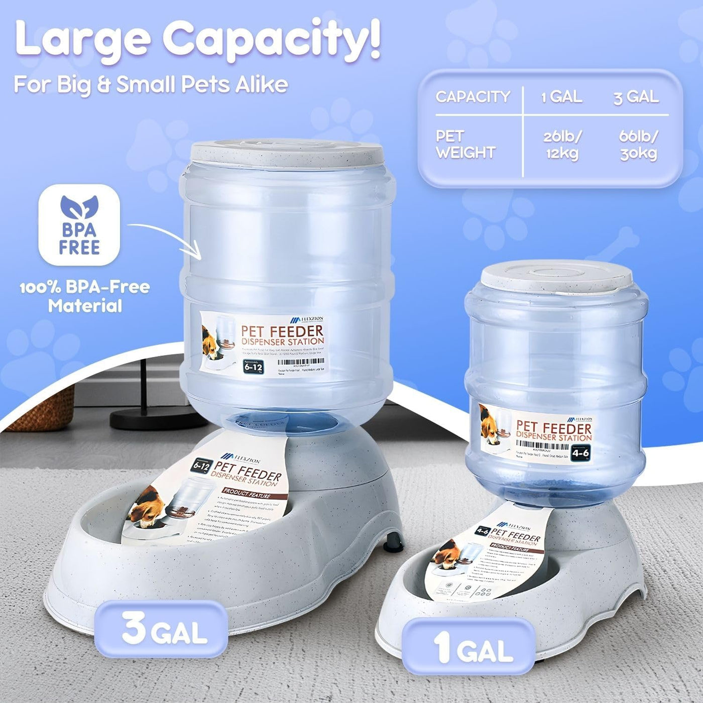 Automatic Pet Feeder & Waterer Set of 2 Pack, Self Feeding Replenish Dog Cat Bowls, Gravity Food & Water Storage Container Fountain Jug Pet Supplies Plastic Skid Proof Rubber Feet (3 Gallon)