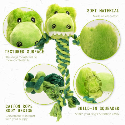 Tough Dog Toys for Puppies and Small-Medium Dogs - Tug of War, Plush Stuffed Animals, Rope Toys for Teething and Chewing Fun. (Crocodile)
