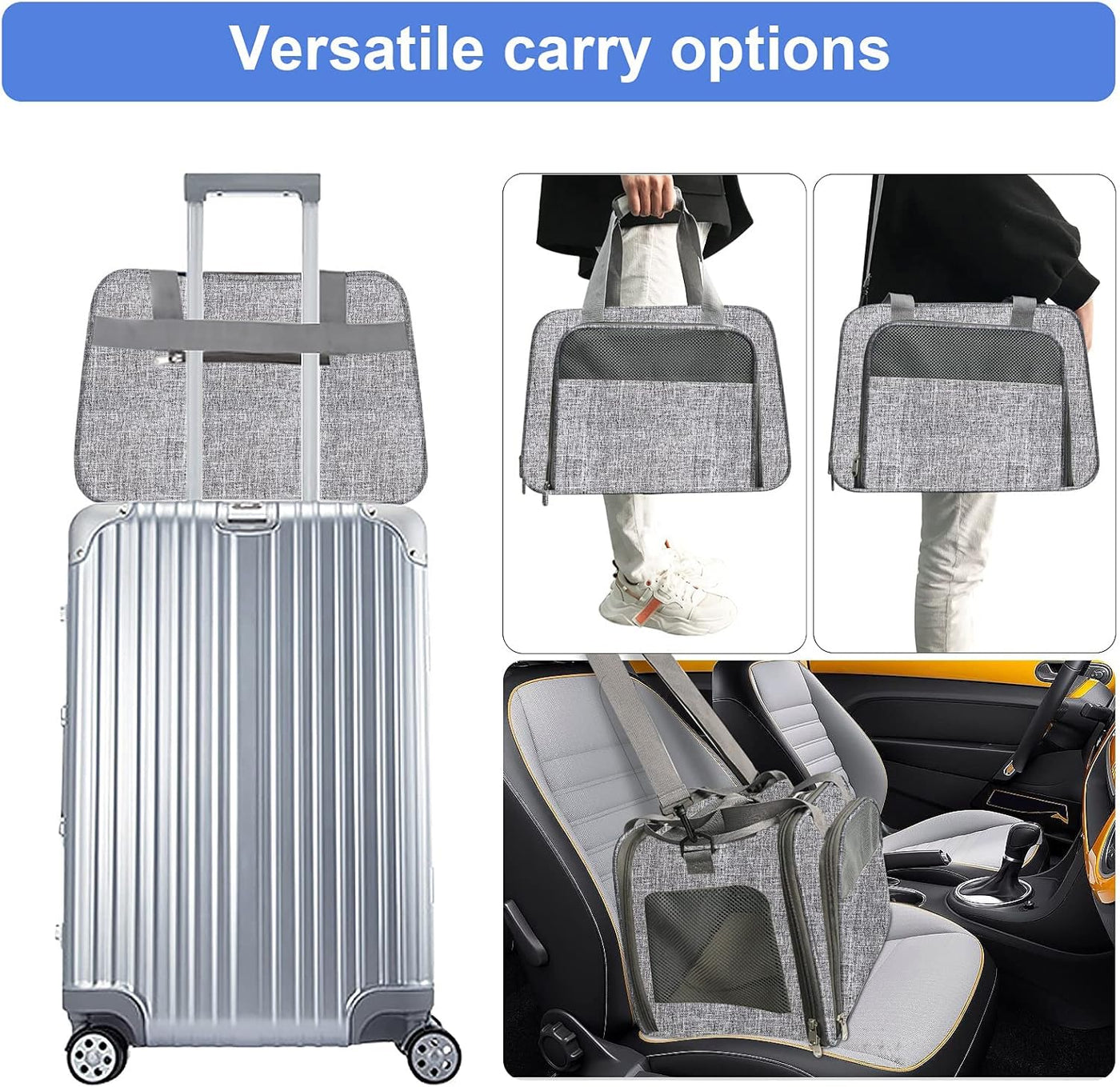 Small Cat Dog Carrier Airline Approved Pet Carrier, Soft-Sided Pet Travel Carrier with Fleece Pad for Cats Puppy Small Animals (Grey)