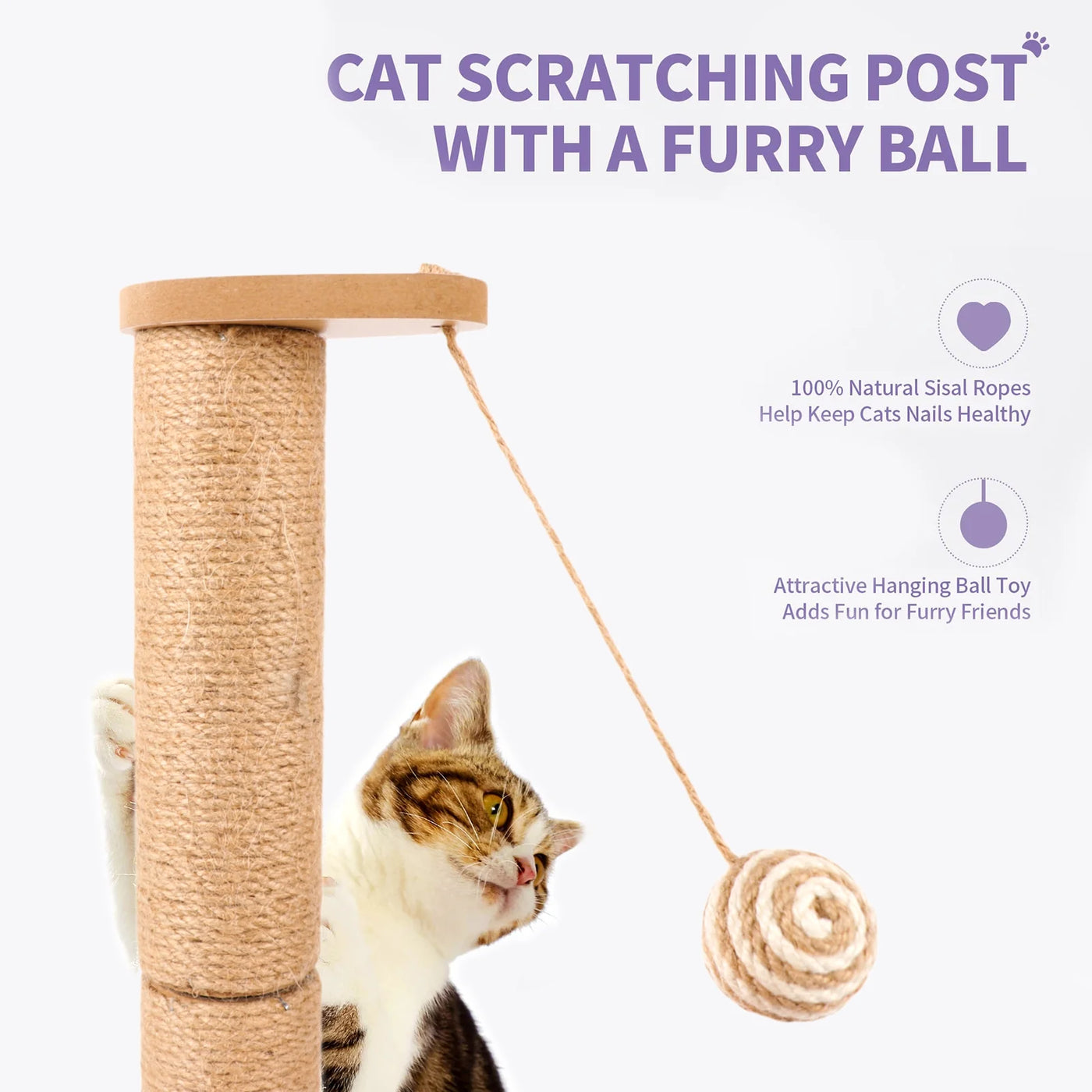 Cat Post, 19.3 Inch Tall Cat Scratching Post for Indoor Cats, Cat Scratcher Post with Dangling Ball and Bell Ball