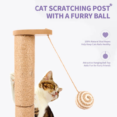 Cat Post, 19.3 Inch Tall Cat Scratching Post for Indoor Cats, Cat Scratcher Post with Dangling Ball and Bell Ball