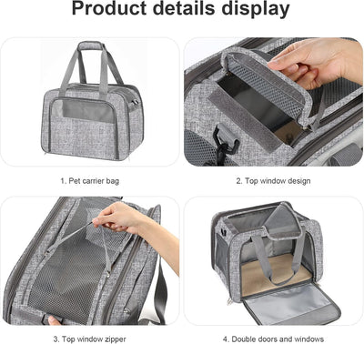 Small Cat Dog Carrier Airline Approved Pet Carrier, Soft-Sided Pet Travel Carrier with Fleece Pad for Cats Puppy Small Animals (Grey)